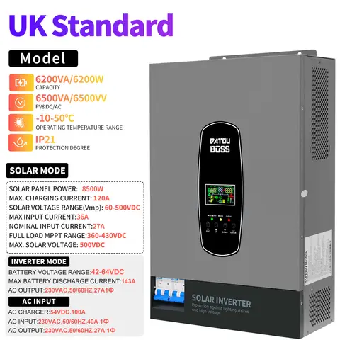 DATOUBOSS 6200W Hybrid Solar Power Inverter, 48V DC to 230V AC, Pure Sine Wave Inverter with 120A MPPT,8500W Photovoltaic Input, Compatible with 48V Lithium Batteries