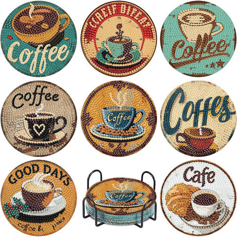 JU7CER Coffee Diamond Painting Coaster Set - 8-Piece Art Coasters with Stand | Adult DIY Craft 4×4 Inches (10×10cm)