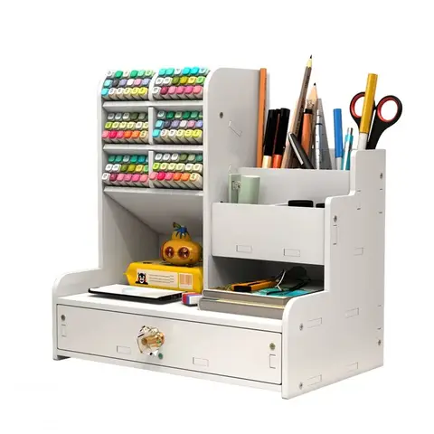 CHZIMADE 1PC Desktop Pen Holder Stationery Storage Organizer File Rack W/ Drawer Freestanding