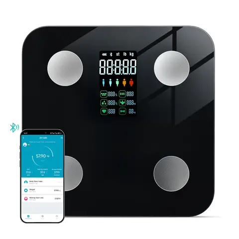Sparoma ZJ08 Digital Bathroom Scale with Color LCD – Battery-Powered (4×AAA Not Included), Bluetooth Body Fat & Heart Rate Monitor with App Tracking