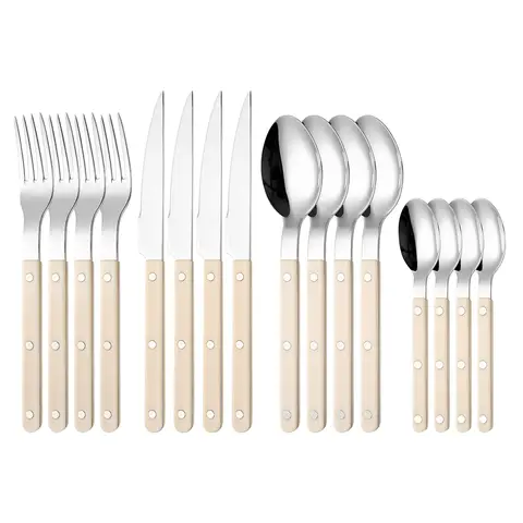 Fangyuan 16 Pieces Cutlery Set White Handdles Silvery Stainless Steel with Knife, Fork, Spoon, High-Quality Stainless Steel Cutlery, Dishwasher Safe Kitchen Set S286