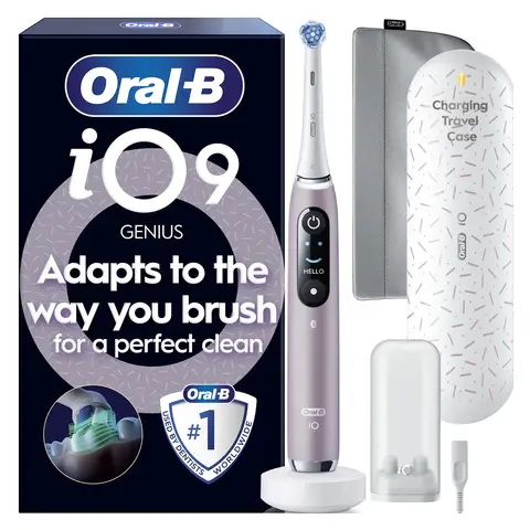 Oral-B iO9 Adult Electric Toothbrush, App Connected, 1 Toothbrush Head & Charging Travel Case, 7 Modes with Teeth Whitening, 2 Pin UK Plug, Rose Quartz