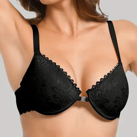 SEZZGU Women's Sexy Lace Backless Front Closure Push Up Bra Black 80D