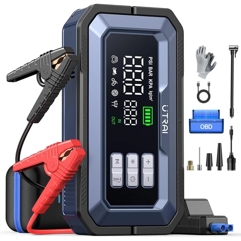UTRAI JS-30 7000A Starthilfe Powerbank, 12V Autostarthilfe mit Luftpumpe Kompressor, OBD2 Fehlerauslesegerät, 160W DC Ausgang, LED Campinglicht & 18W Schnellladung – Für PKW, SUV, 14L Diesel & Hybrid