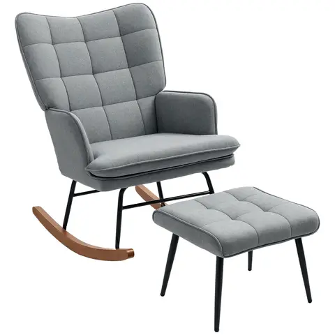 HOMCOM Rocking Chair and Ottoman Set, Fabric Armchair with Footstool, Wingback Chair for Living Room and Bedroom, Grey