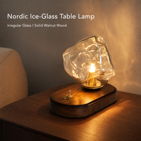 Mohheds IJsblok Noords Glas Tafellamp, 3 Kleurveranderende Massief Houten Voet Ambiënte Bureaulamp Voor Slaapkamer Woonkamer Studeerkamer Housewarming Cadeau