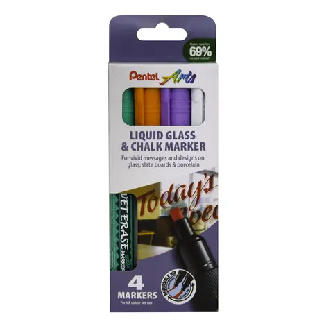 Pentel Semi-Permanent Wet-Erase Liquid Glass & Chalkboard Marker Assorted Colours Green, Orange, Violet & White, Pack of 4