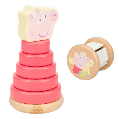 Peppa Pig Wooden Topple Tower and Roller Rattle Set