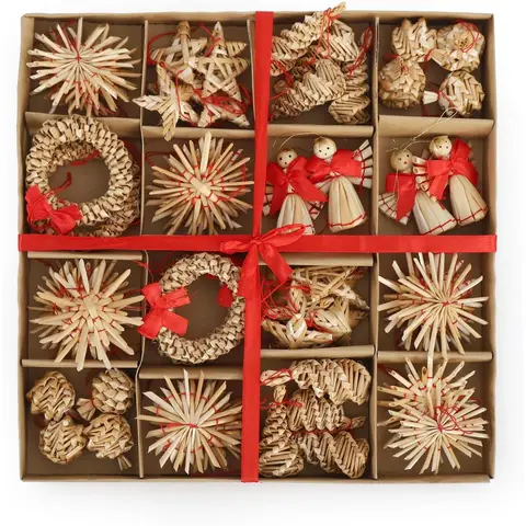 SALCAR Lot de 56 décorations de Sapin de Noël en Paille - Pendentif en Paille Naturelle pour décoration de Noël - Bijoux naturels Faits à la Main pour Arbres de Noël