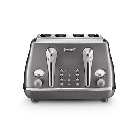 De'Longhi Icona Metallics 4 Slice Toaster, Extra-Wide Slots, Grey - CTOT4003.GY