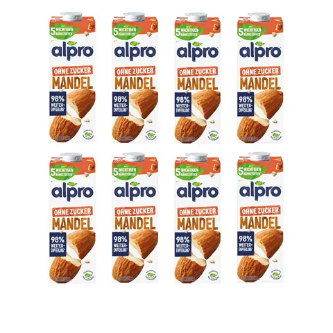Alpro Mandeldrink Ohne Zucker, 8 x 1 L, Haltbar, Quelle von Calcium und Vitaminen, Zuckerfrei, Glutenfrei, Fettarm, Laktosefrei, Vegan und Milchfrei