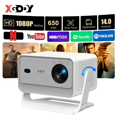 XGODY Gimbal A6 Pro Projecteur portable, prise en charge 8K, 1080p natif et 650 ANSI, Android 14.0, Wi-Fi 6 et Bluetooth 5.4, mise au point automatique et correction trapézoïdale automatique, 32 Go de ROM, projecteur intelligent pour home cinéma, chambre, compatible HDMI/USB/téléphone/PS (Blanc + Gris)