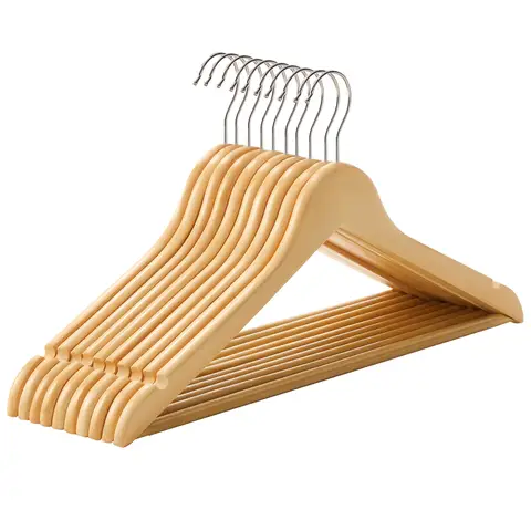 SONGMICS Wooden Hangers 20pc Shoulder Notches Anti-Slip Bar 360 Hook Natural