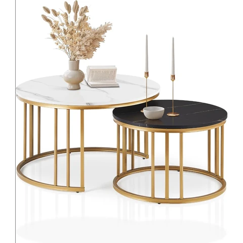 CLIPOP Set of 2 Nesting Coffee Table for Living Room, Modern Stackable Round Side Table with Golden Metal Frame Marble Effect Tabletop, Sofa Table for Small Space, White Black 80 x 80 x 45cm