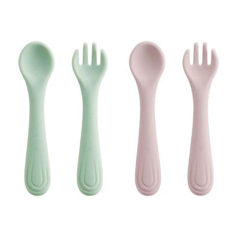 Bc Babycare Fourchette et cuillère en silicone, 2 pièces, sans BPA, rose + vert
