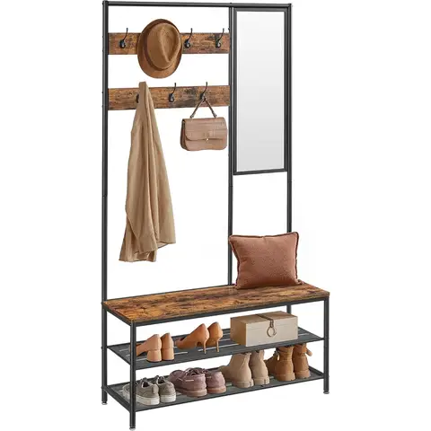 VASAGLE Kleiderständer, Garderobe, Garderobenständer mit Haken, Spiegel, Sitzbank, 35 x 98 x 180 cm, für Eingangsbereich, Schlafzimmer, Wohnzimmer, Industrie-Design, vintagebraun- schwarz HSR415B01