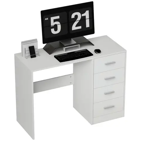 HOMCOM Computer Desk with Drawers, Dressing Table, High Gloss Home Office Writing Workstation, White