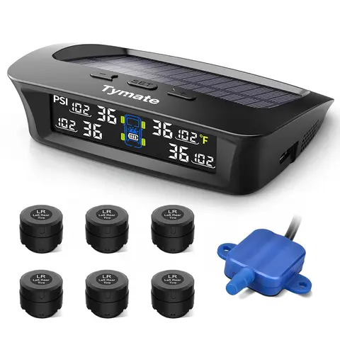 Tymate RV Tire Pressure Monitoring System, Solar Charging Tire Pressure Monitor, Equipped with 6 Sensors, 6 Alarm Modes, Repeater, with Color LCD Display, 0-87PSI, Suitable for RVs/Trailers/Trucks, TM3C+6TS2+TR5