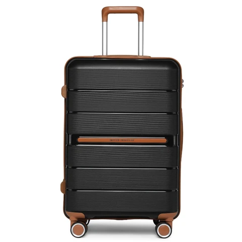 British Traveller 24" Medium Suitcase Lightweight Polypropylene Hard Shell Luggage Hold Check in Suitcase with 4 Wheels and Built-in TSA Lock(Black, 66cm 60L)