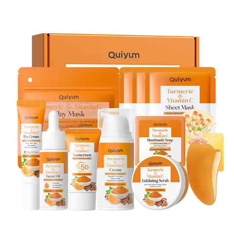 QUIYUM Turmeric Vitamin C Skincare Set (11pcs) - Turmeric Soap 100g, Scrub 100g, Serum 17ml, Eye Cream 20g, Face Cream 30g, Face Mask 25g×3, Sunscreen 50g, Mud Mask 5g×12, with Facial Scraper