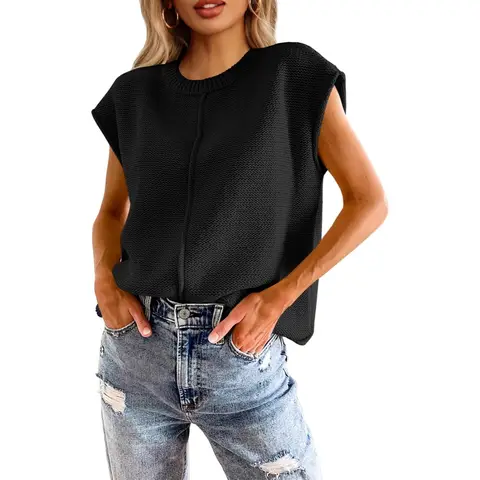 Women's Summer Cap Sleeve Tops Casual Crew Neck Loose fit Knit Lightweight Sweater Pullover Top (black， S)