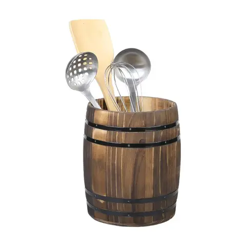 MyGift Weinfass-Design Küchenutensilienhalter, Vintage Rustikaler Verbranntes Holz Kochwerkzeughalter