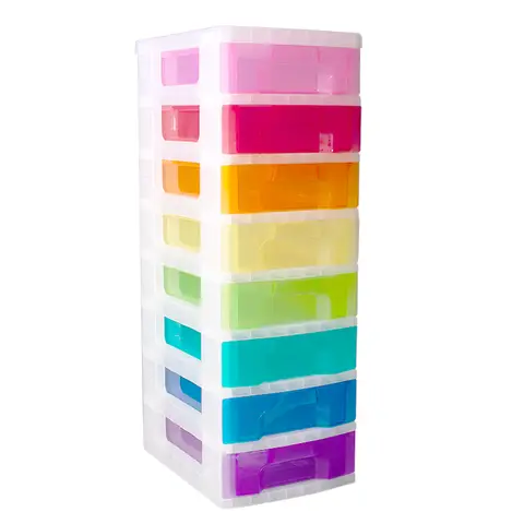 Really Useful Plastic Storage Box Tower 8x7L Clear Frame with Rainbow Drawers