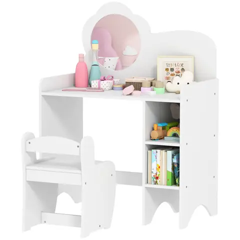 AIYAPLAY Kids Dressing Table with Mirror, Stool, 2 in 1 Kids Vanity Table with Storage Shelves, Toddlers Make Up Desk White