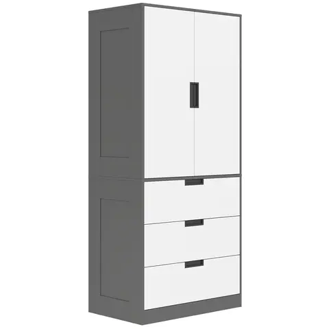 HOMCOM Wardrobe, Modern Clothes Storage Cupboard Unit with Hanging Rod, Bedroom Wardrobe with Soft Closing Hinge Grey