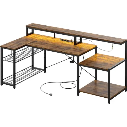 Bestier Gaming-Tisch, 181 x 80 cm Schreibtisch mit LED-Lichtern, L-förmiger Schreibtisch mit 3 Steckdosen und 2 USB-Ladeanschlüssen, Computer-Tisch mit großzügiger Monitorablage, Braun