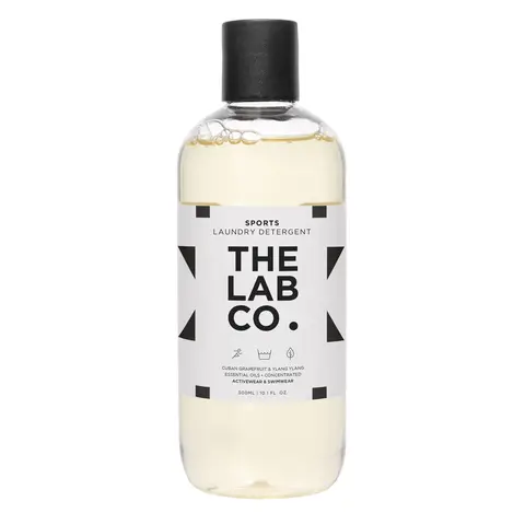 The Lab Co. Sports Laundry Wash. 300ml for up to 20 washes. Cuban Grapefruit and Ylang Ylang. For active-wear and swimwear. Non-Bio detergent suitable for hand-wash and machine washing.