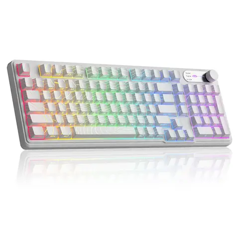 MageGee GK960 Kabellose Gaming-Tastatur, US QWERTY-Layout, RGB Tri-Mode (kabelgebunden/Bluetooth/2,4G), cremefarben, mit Ziffernblock, 4000 mAh Akku, Drehregler, seitlich aufgedruckte Tastenkappen, 19-Tasten-Rollover für Windows/Mac (Weiß, Topografisches Design)