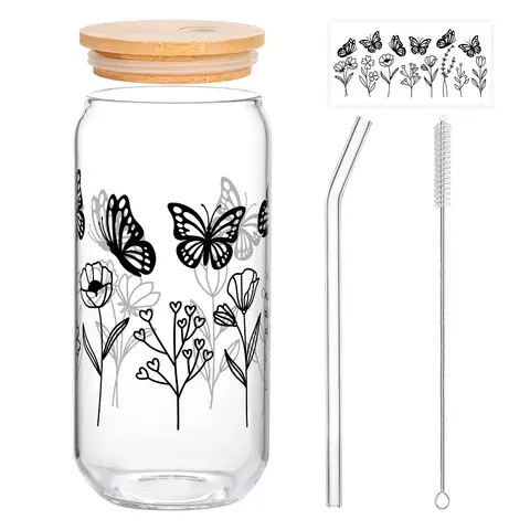 Alphynix 1 ästhetischer Glas-Teedose, 500ml Dose mit Holzdeckel & Schmetterlingsblumen, elegantes Aufbewahrungsglas für losen Blatttee, Küchenarbeitsplatten-Deko,Geschenk zum valentinstag, geschenk zum geburtstag