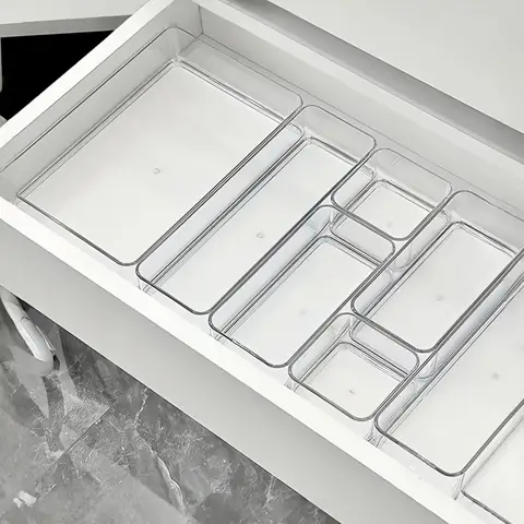 11Pieces Drawer Organisers, 4 Sizes, Clear Plastic Drawer Organisers, Containers for Bathroom and Vanity Organization, Kitchen Utensils, Makeup
