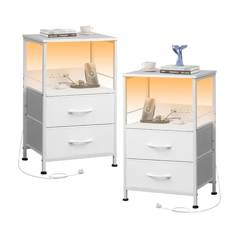 WLIVE Bedside Table,with App-Controlled LED Lights & Charging Station, 2 Fabric Storage Drawers with 2 AC Outlets & 2 USB Ports,Ideal for Bedroom Use,Livingroom (White, 2pcs)