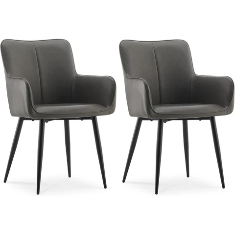 CLIPOP Set of 2 Faux Leather Dining Chairs with Arms and Metal Legs,  Living Room Armchair with Upholstered Back for Counter Breakfast Dining Room Reception 0653 grey 58*69*86 cm