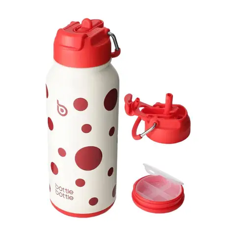 Bottle Bottle Thermal Stainless Steel Bottle with Straw, Dual-Use Lid, for Gym, with Pill Organizer (Polka Pop)