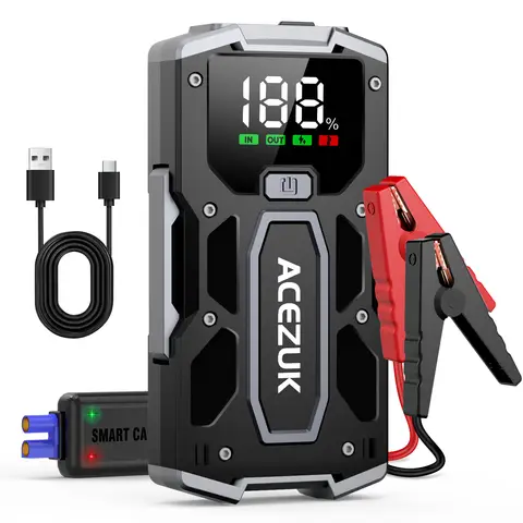 ACEZUK M01 5000A Starthilfe 12V Autobatterie-Startgerät für Benzin- (7,0L) und Diesel-Motoren (5,5L), mit intelligentem LCD-Display, LED-Arbeitsleuchte, tragbare Powerbank für SUV, Lkw, Motorrad, Rasenmäher