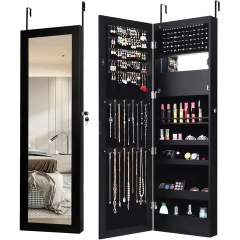 Costway 120cm Full Length Lockable Mirror Jewelry Cabinet with 15 LEDs-Black