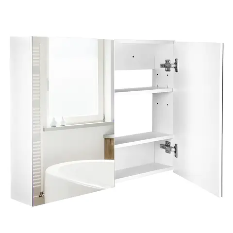 HOMCOM Double Door Wall Mounted Glass Mirror Cabinet Modern Storage Unit Bathroom Shelf Organiser Waterproof Wooden Frame 80W x 15D x 60H cm