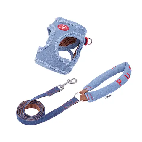 ZEZE Denim Pet Harness & Leash Set, Adjustable Pet Travel Set (XS, fits 1.5 kg–3 kg)