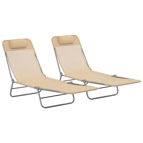 Outsunny Folding Sun Loungers for Garden Set of 2, Texteline Reclining Sun Bed with 5 Position Adjustable Backrest, Headrest,