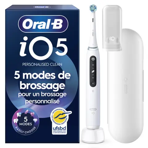 Oral-B iO5 Brosse à Dents Électrique Quite White - Protection Gencives avec Capteur de Pression Intelligent et Lumineux & Coaching par via App Oral-B, 5 Modes, Étui de Voyage