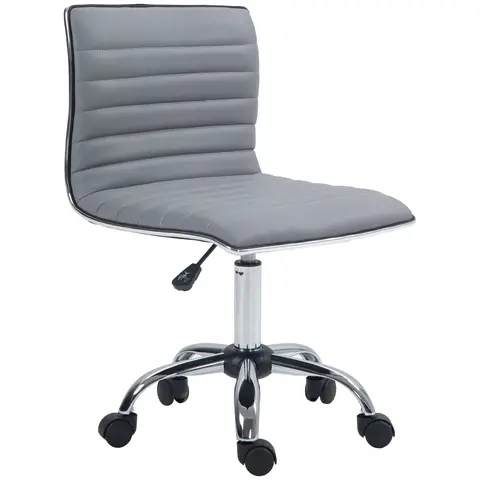 HOMCOM Armless Desk Task Chair Faux Leather Mid-back Computer Office Chair with Adjustable Seat Height, Chrome Base and Rolling Wheels for Home Office Light Grey