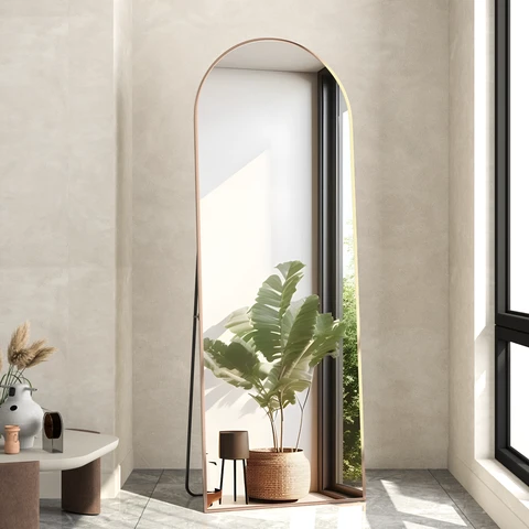 Ganzkörperspiegel 150x60 cm Bogen Bodenspiegel mit Standfuß Bogen Ganzkörper Stand Aufhängbar oder an Wandlehnen für Schlafzimmer Eingangsbereich, Wohnzimmer Gold