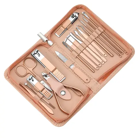 18 in 1 Professional Manicure Set, Portable Nail Clippers & Eyebrow Grooming Kit, Stainless Steel Nail Care Tools with Leather Case for Travel & Home (Rose Gold)[Color Box]