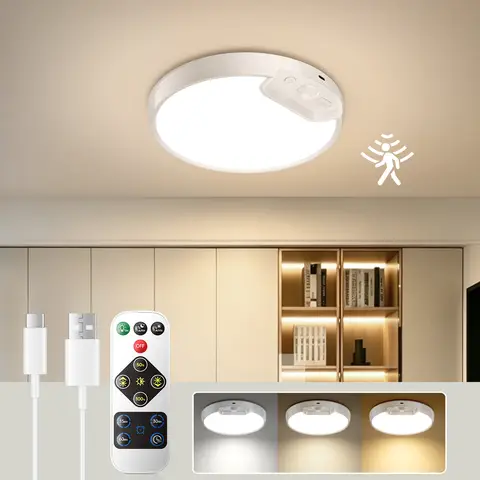  New Upgraded Motion Sensor Ceiling Light with 3 Color Temperatures, 8 Inch 500LM LED Ceiling Light with Remote, 8000mAh Rechargeable Battery Powered Dimmable Sensor Light for Bathroom, Garage, Shed, Loft, Hallway, Stair