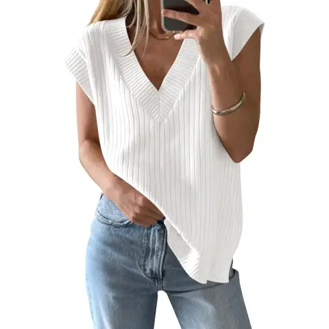 Women's V Neck Sweater Oversized Vest Sleeveless Lightweight Summer Sweater Elegant (white, S)