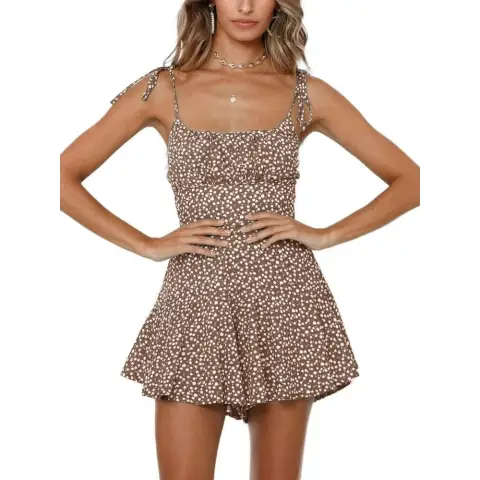 Women's Summer Dress Floral Sleeveless Beach Dress Vintage Mini Dress Coverall Playsuit (khaki, XL)