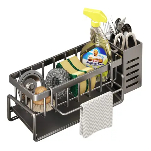 Maxcook Grijze sponshouder voor keukengootsteen, gootsteenorganizer met hoge borstelhouder MCZW5554
